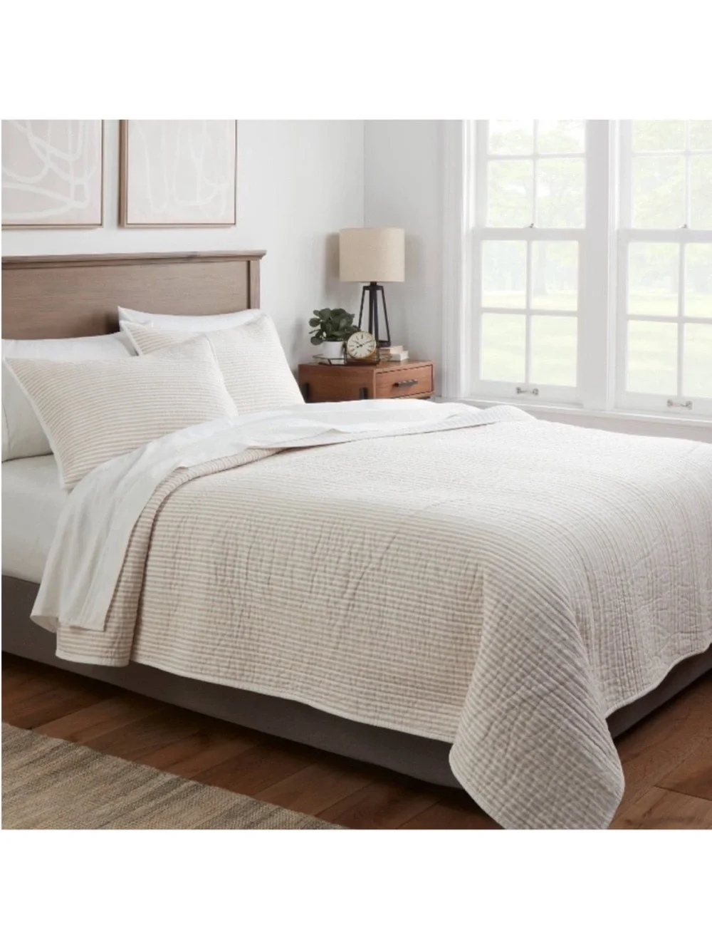 NWT Full/Queen Reversible Cotton Stripe Quilt Khaki - Threshold